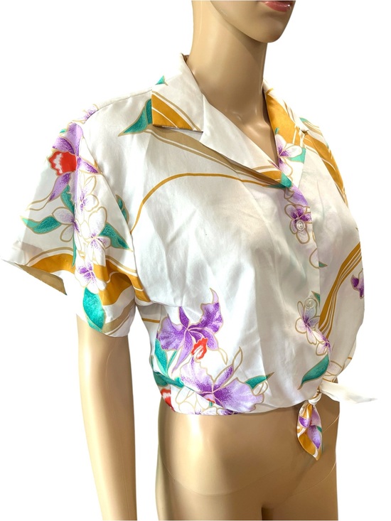Hilo Hattie Tops - Vintage 80s Hilo Hattie Hawaiian Shirt Crop Tie Front Floral White Purple Orchid